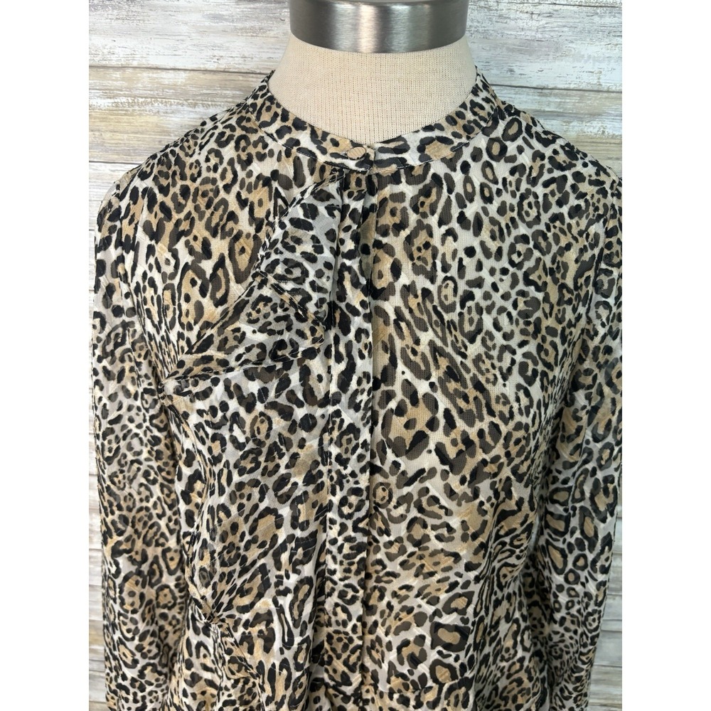 Chicos Small Leopard Print Ruffle Button Long Sleeve Sheer Top Women Size O - Picture 11 of 12
